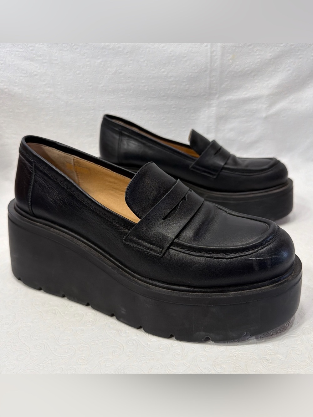 Maeve Anthropologie Platform Black Leather Slip On Penny Loafers Size 41 Chunky